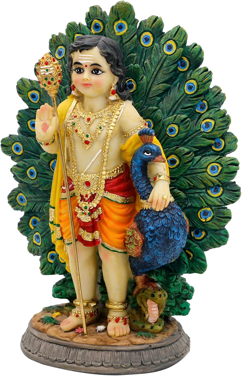 alikiki Lord Kartikeya Statue with Peacock - 6.7”H Indian Lord Murugan Idol Murti Item Home Office Temple Mandir Shrine Altar Pooja Decor India Diwali Puja Gifts for Friends Relative