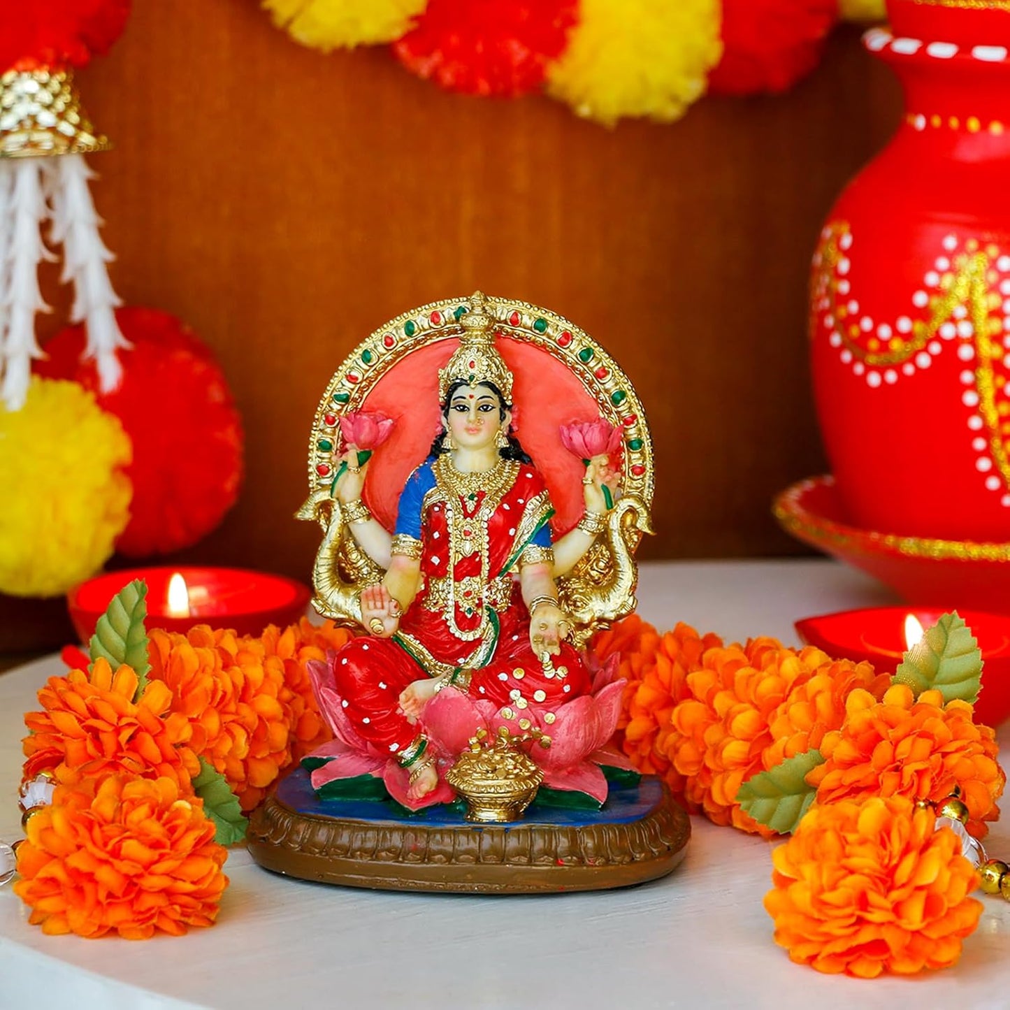 alikiki Indian Lakshmi Idol Statue - 5.1”H Hindu Goddess Laxmi MATA Murti India Pooja Item Home Office Temple Mandir Shrine Altar Diwali Puja Spiritual Decor Ideal Gifts for Indian Friend Relative