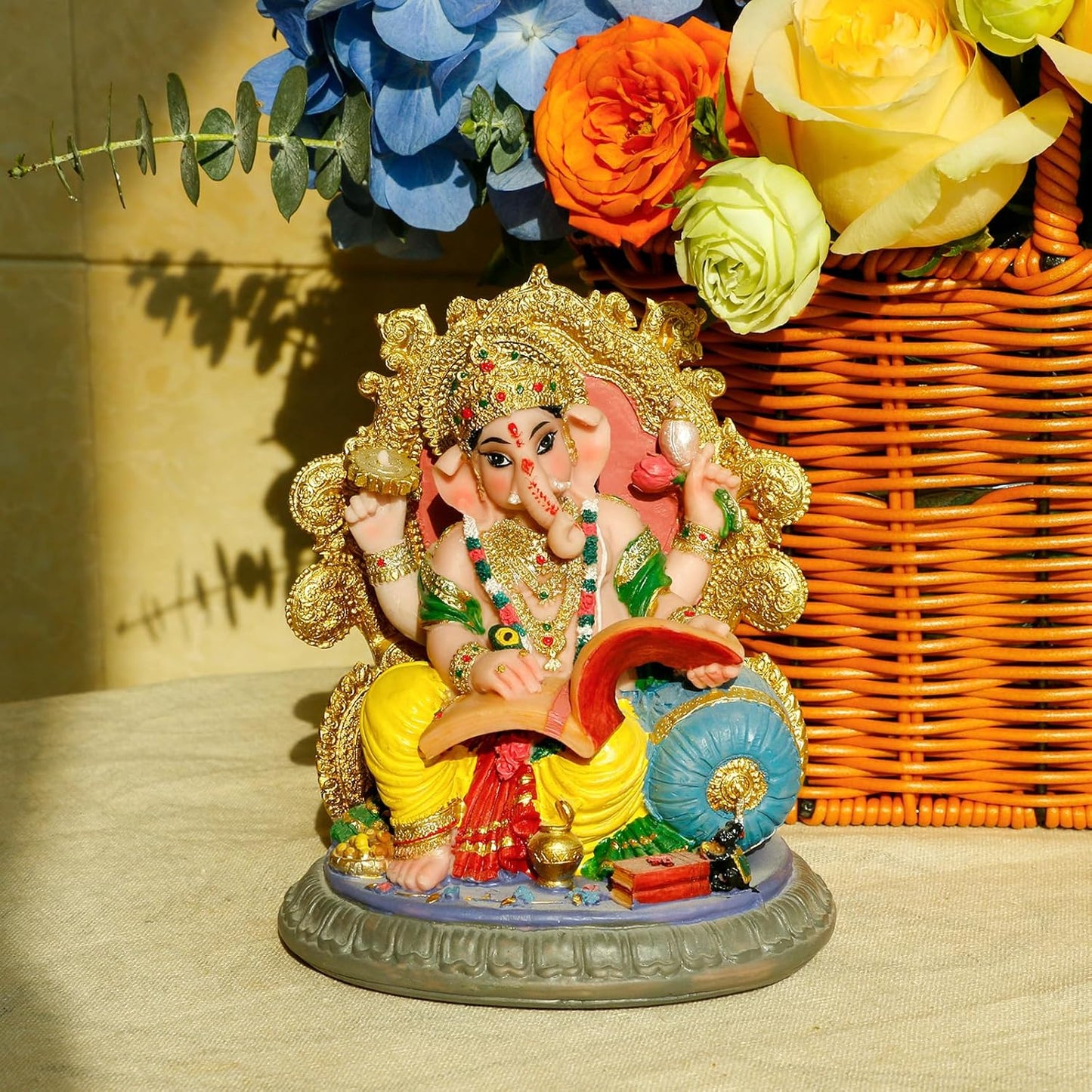 Indian God Ganesha Idol Statue - 5.4”H Ganesh Statue Sitting on Throne Murti India Ganapati Pooja Item Home Office Temple Mandir Shrine Altar Diwali Puja Decor Ideal Gifts for Indian Friend Relative
