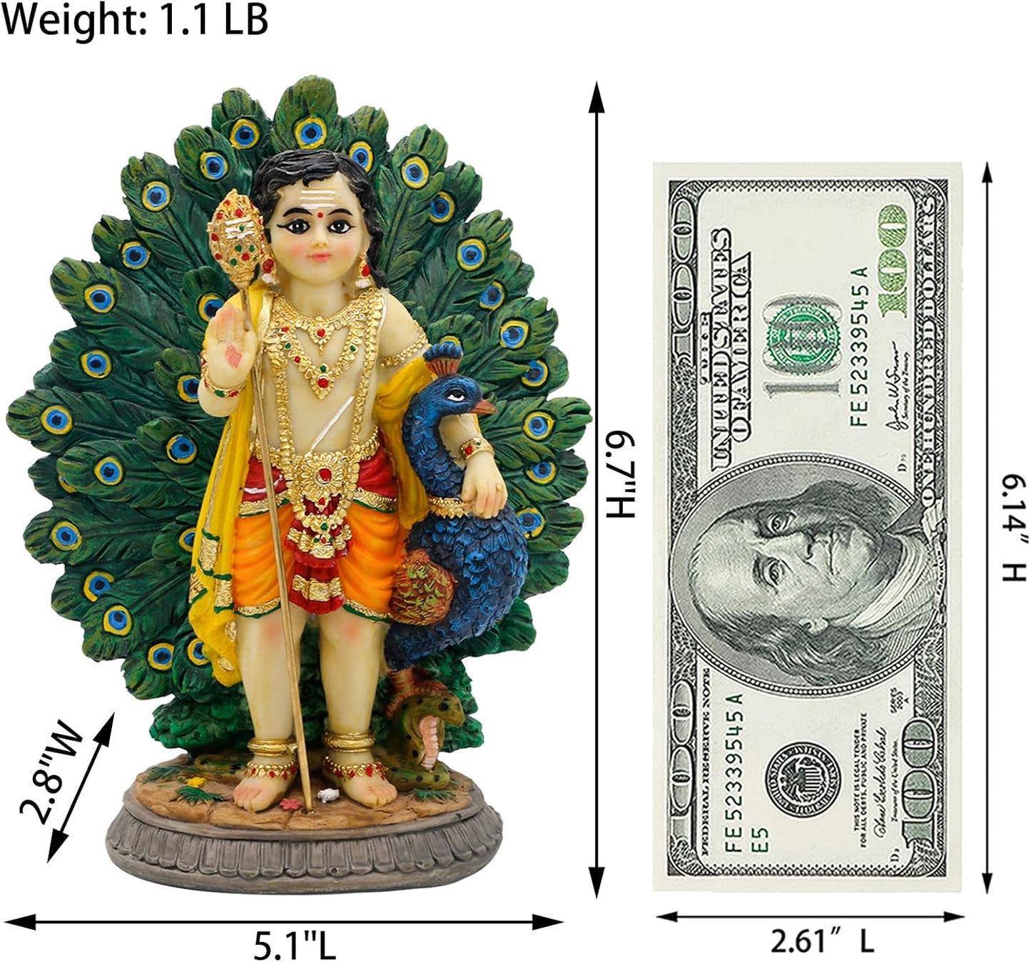 alikiki Lord Kartikeya Statue with Peacock - 6.7”H Indian Lord Murugan Idol Murti Item Home Office Temple Mandir Shrine Altar Pooja Decor India Diwali Puja Gifts for Friends Relative