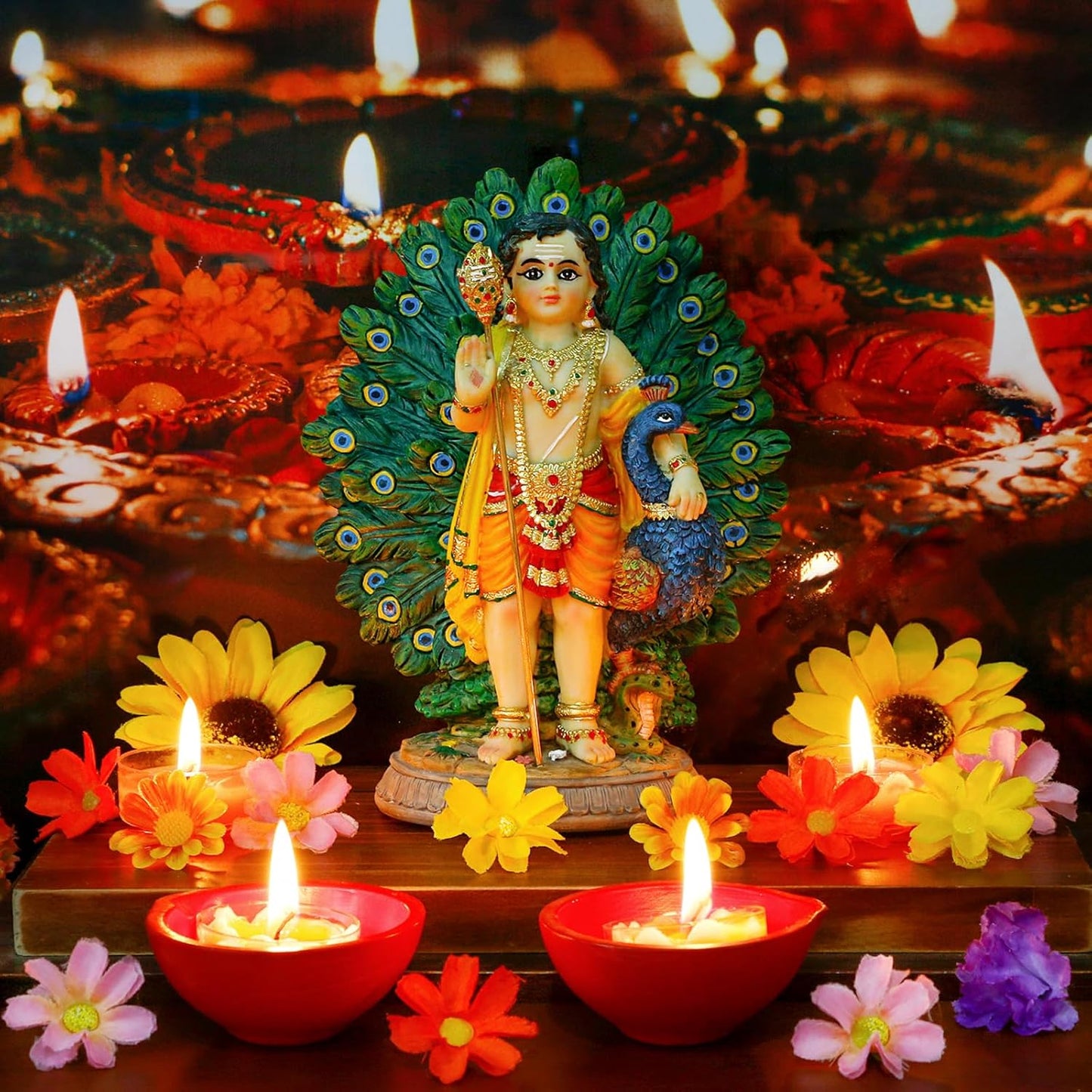 alikiki Lord Kartikeya Statue with Peacock - 6.7”H Indian Lord Murugan Idol Murti Item Home Office Temple Mandir Shrine Altar Pooja Decor India Diwali Puja Gifts for Friends Relative