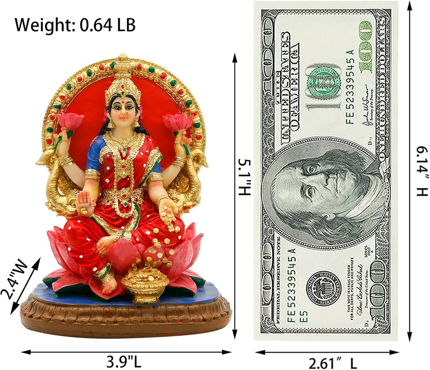 alikiki Indian Lakshmi Idol Statue - 5.1”H Hindu Goddess Laxmi MATA Murti India Pooja Item Home Office Temple Mandir Shrine Altar Diwali Puja Spiritual Decor Ideal Gifts for Indian Friend Relative