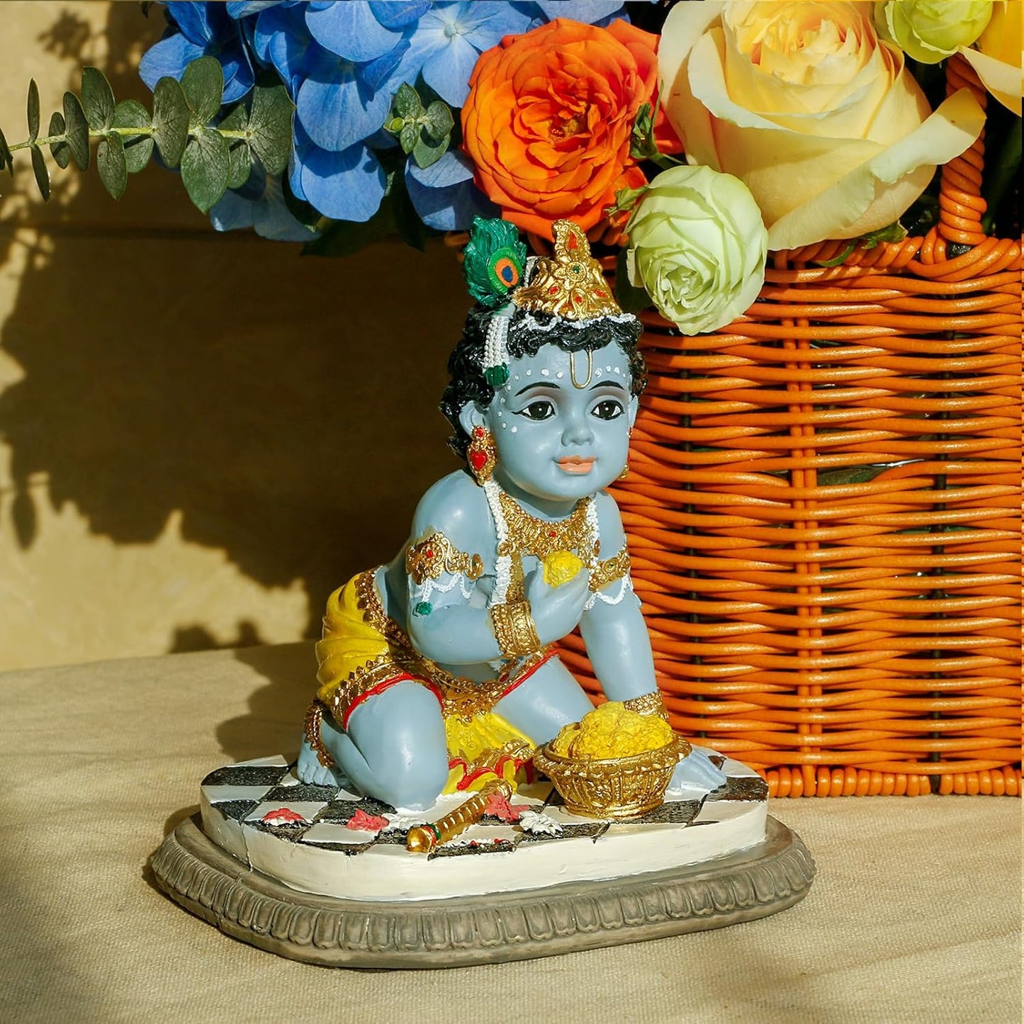 alikiki Baby Krishna Idol Statue - 5.9”H Hindu God Laddu Gopal Kneeling Enjoy Laddus India Murti Item Home Temple Mandir Shrine Altar Pooja Decor Diwali Puja Gifts for Indian Friends