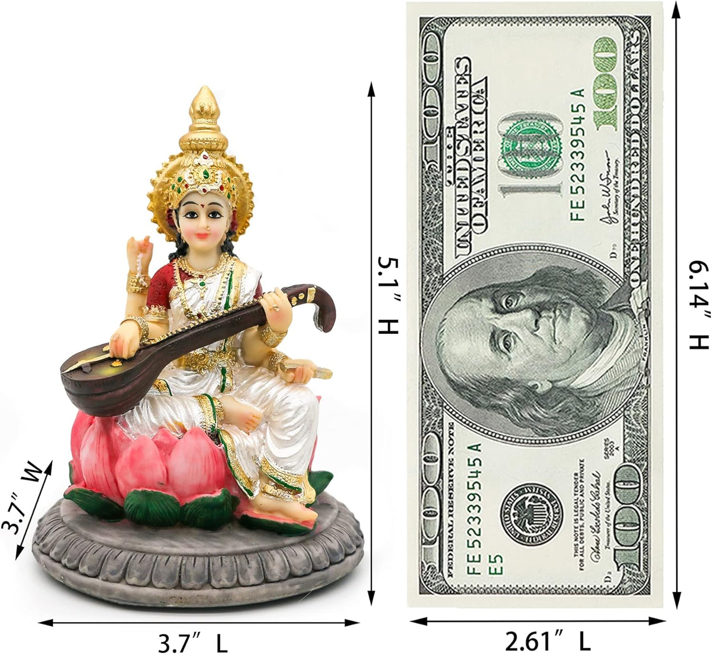 Hindu Goddess Saraswati idol Statue - 5.1”H Saraswati Statue Indian Spiritual Culture Sculpture Diwali Murti Pooja Item India Idol Statue Diwali Decor Diwali Gifts Hindu God Figurines