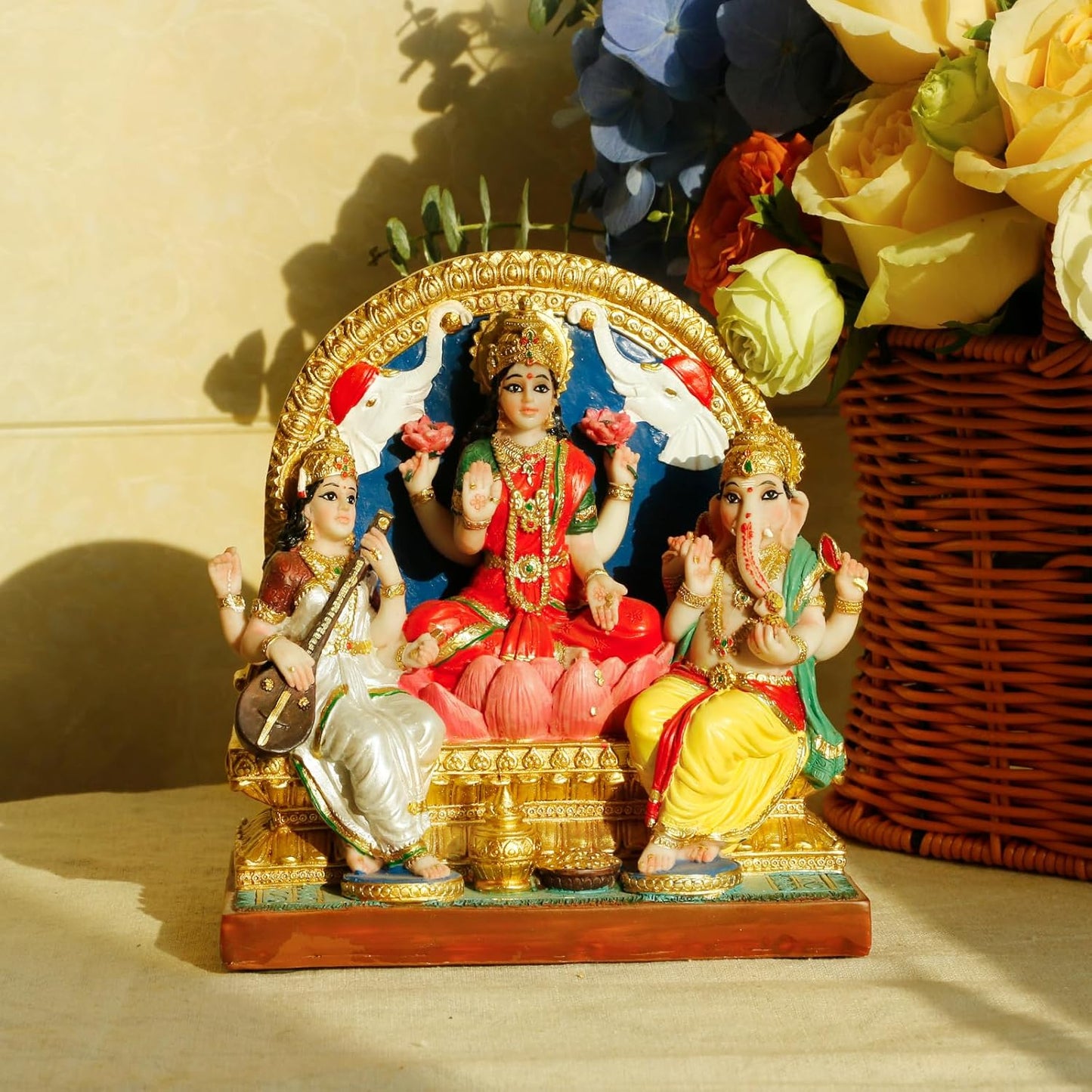 alikiki Lakshmi Ganesha Saraswati Statue 6.3”H Indian Laxmi Ganesh Idol Figure Murti Item Hindu Home Office Temple Mandir Shrine Altar Pooja Decor India Diwali Puja Gifts for Friends