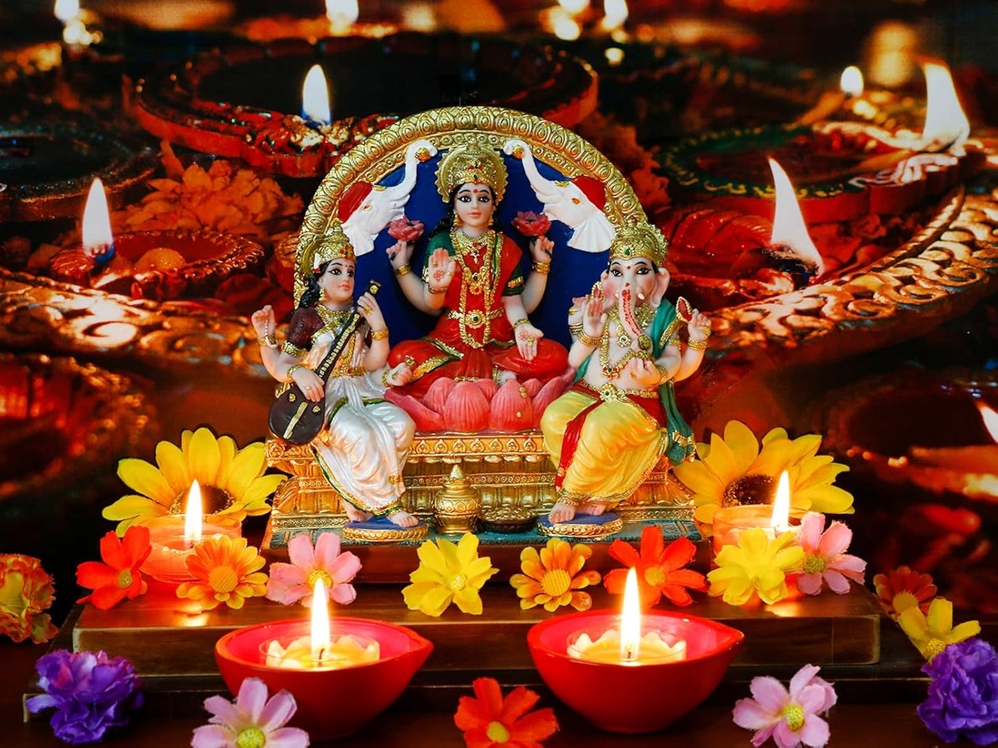 alikiki Lakshmi Ganesha Saraswati Statue 6.3”H Indian Laxmi Ganesh Idol Figure Murti Item Hindu Home Office Temple Mandir Shrine Altar Pooja Decor India Diwali Puja Gifts for Friends