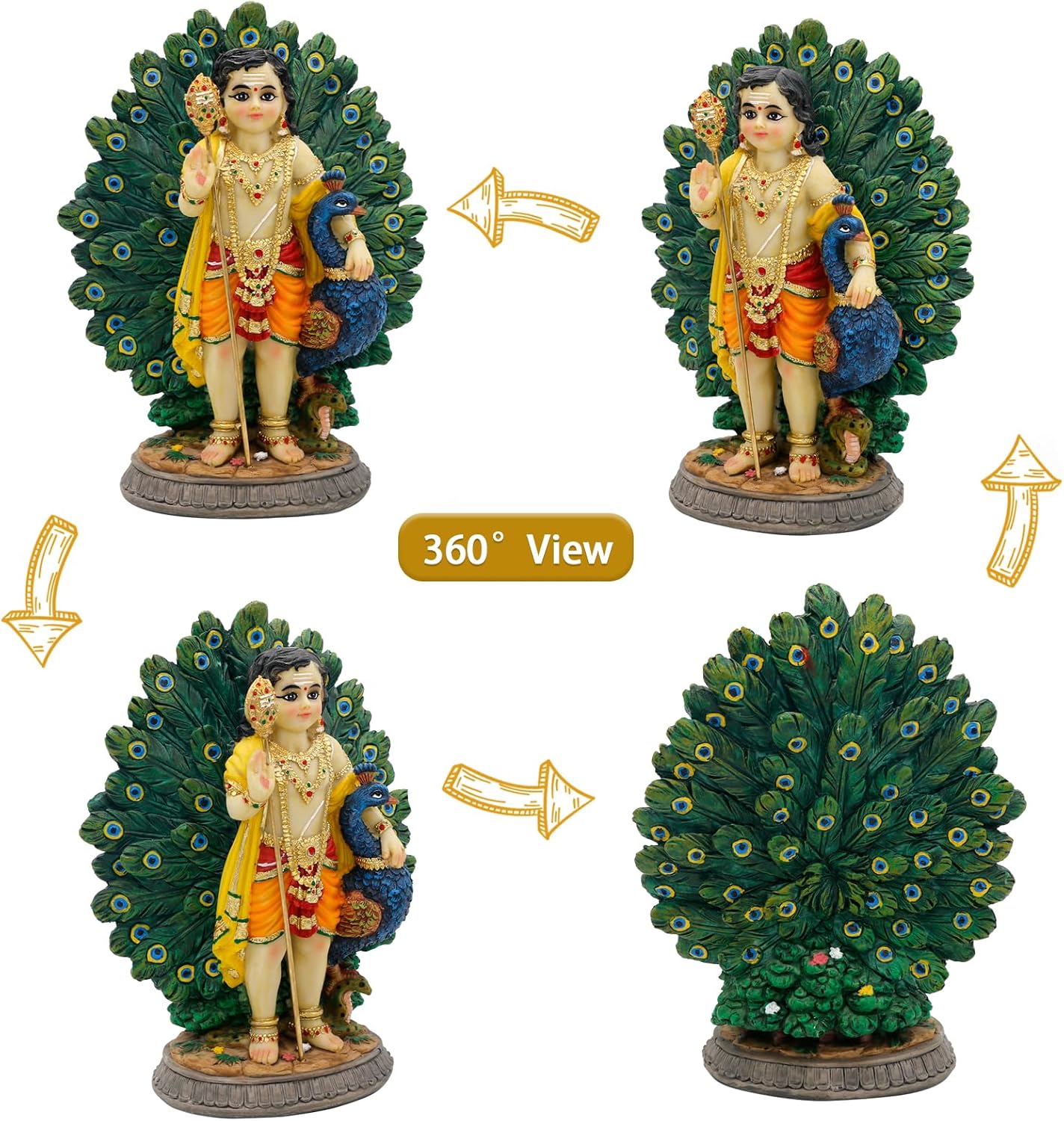 alikiki Lord Kartikeya Statue with Peacock - 6.7”H Indian Lord Murugan Idol Murti Item Home Office Temple Mandir Shrine Altar Pooja Decor India Diwali Puja Gifts for Friends Relative