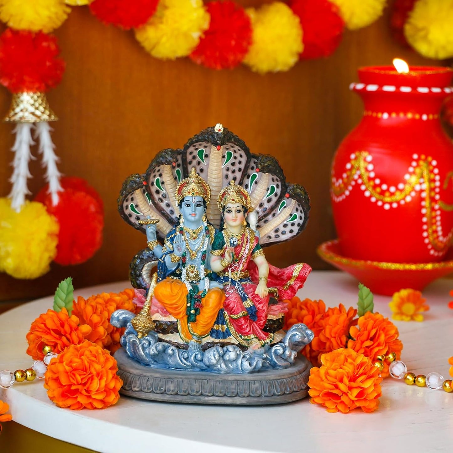 alikiki Hindu Laxmi Narayan Statue - 6.4”H Indian Idol Lakshmi Narayan Bhagwan Lord Vishnu MATA Murti Item Indian God Home Office Temple Mandir Shrine Altar Pooja Decor India Diwali Puja Gifts
