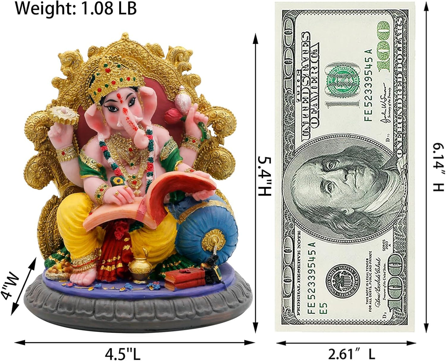 Indian God Ganesha Idol Statue - 5.4”H Ganesh Statue Sitting on Throne Murti India Ganapati Pooja Item Home Office Temple Mandir Shrine Altar Diwali Puja Decor Ideal Gifts for Indian Friend Relative