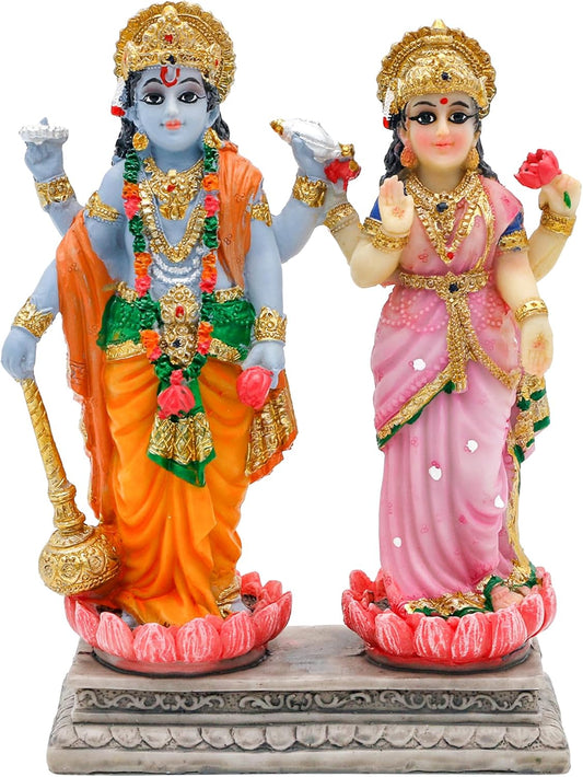 alikiki Vishnu Lakshmi Narayana Statue – 4.7 Inch Lord Vishnu W/Laxmi MATA Indian Diwali Pooja Item Murti Gifts for Indian Couple Friend Family Home Office Mandir Temple Puja Decor