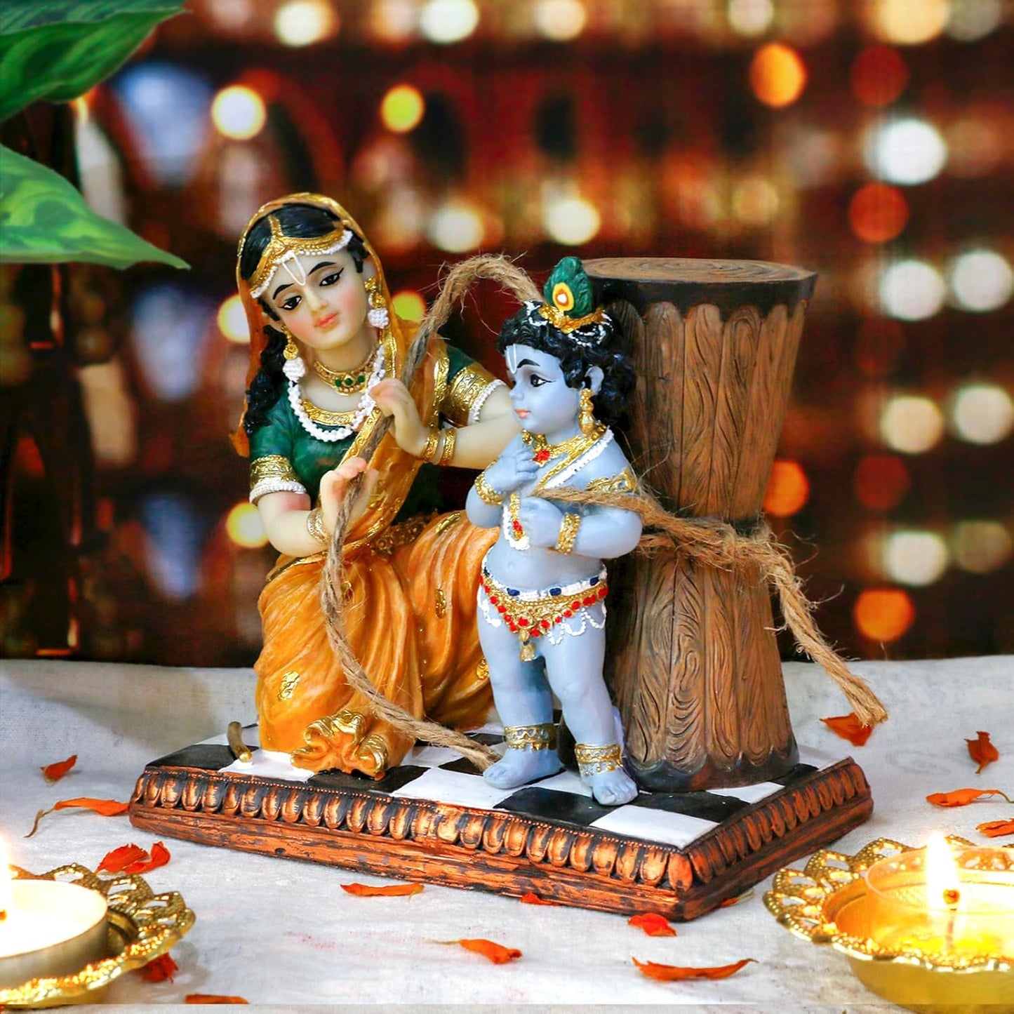 Maa Yashoda Binding Krishna Murti - Divine 5.1" Hindu God Lord Krishna Statue Hand Painted Polystone Sculpture Indian Diwali Gifts Pooja Item Office Home Temple Mandir Puja Decor