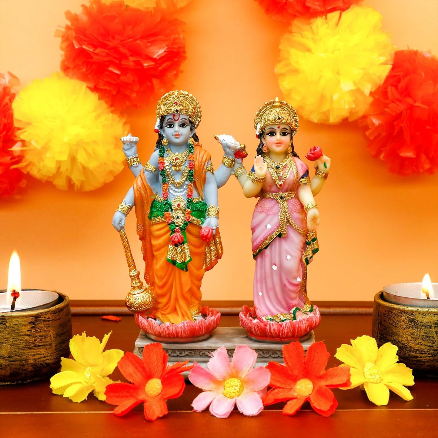 alikiki Vishnu Lakshmi Narayana Statue – 4.7 Inch Lord Vishnu W/Laxmi MATA Indian Diwali Pooja Item Murti Gifts for Indian Couple Friend Family Home Office Mandir Temple Puja Decor