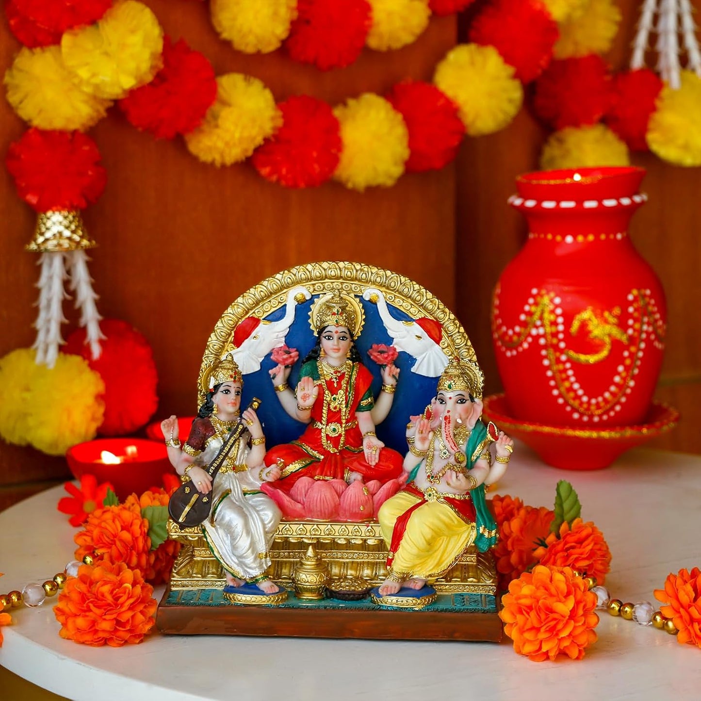 alikiki Lakshmi Ganesha Saraswati Statue 6.3”H Indian Laxmi Ganesh Idol Figure Murti Item Hindu Home Office Temple Mandir Shrine Altar Pooja Decor India Diwali Puja Gifts for Friends
