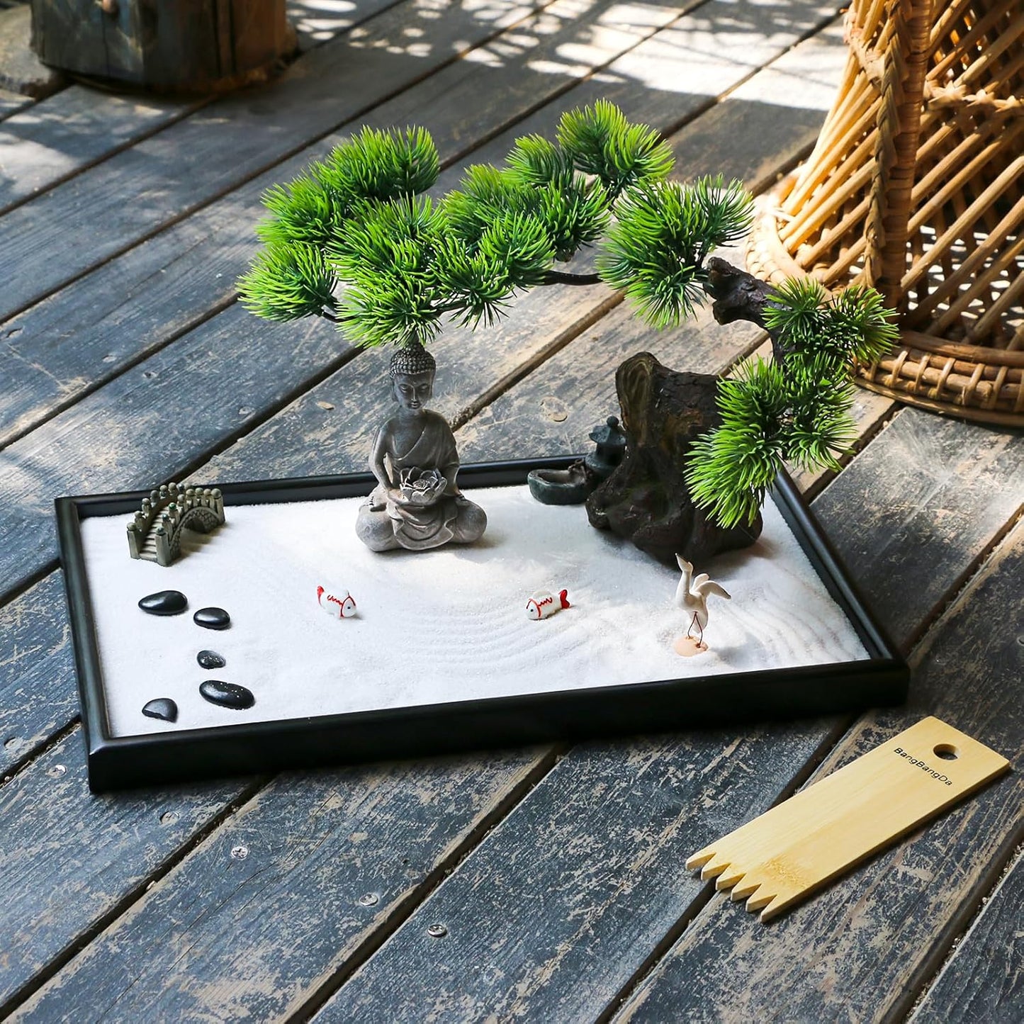 Japanese Tabletop Meditation Zen Garden - Tabletop Rock Sand Meditating Sandbox for Birthday Gift Bamboo Rakes Bonsai Tree Plant Pagoda Accessories Tools Kits Office Home Desktop Relaxation Decor