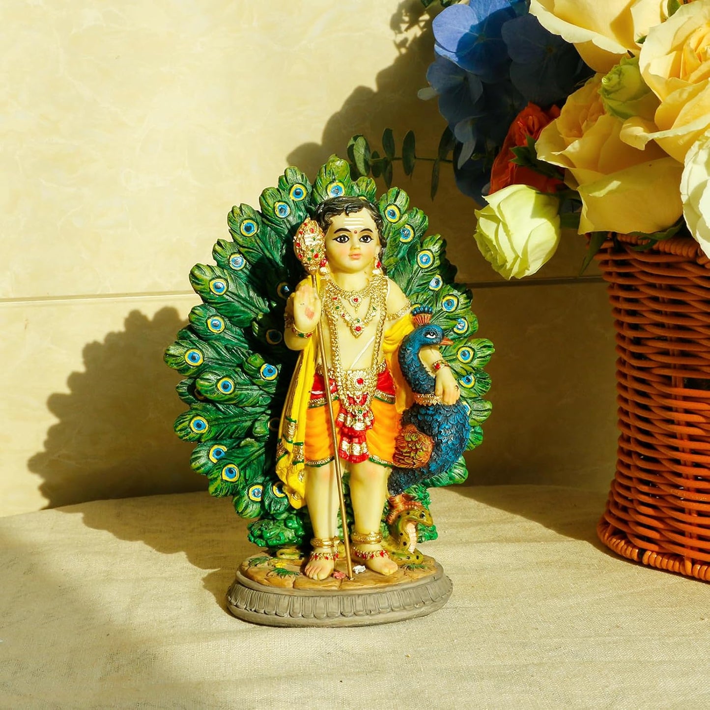 alikiki Lord Kartikeya Statue with Peacock - 6.7”H Indian Lord Murugan Idol Murti Item Home Office Temple Mandir Shrine Altar Pooja Decor India Diwali Puja Gifts for Friends Relative