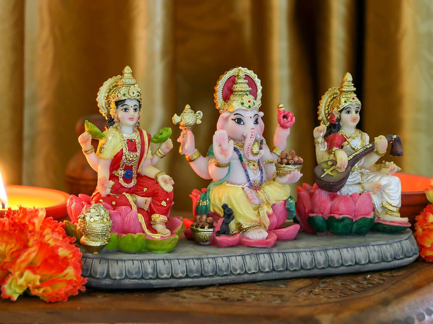 India Laxmi Ganesh Saraswati Statue - 3.9”H Indian God Lakshmi Ganesha Saraswati Idol Figurine Hindu Diwali Gifts Diwali Decoration Home Office Mandir Temple Pooja Item