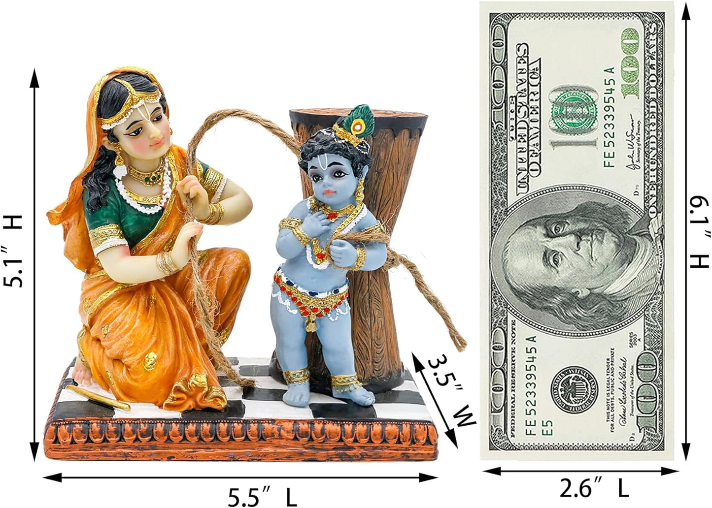 Maa Yashoda Binding Krishna Murti - Divine 5.1" Hindu God Lord Krishna Statue Hand Painted Polystone Sculpture Indian Diwali Gifts Pooja Item Office Home Temple Mandir Puja Decor