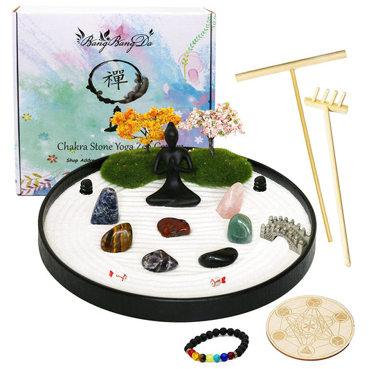 BangBangDa Tabletop Chakra Yoga Zen Garden - Meditation Altar Zen Kit Set Japanese Crystal Quartz Rock Sand Zen Garden Home Office Spiritual Zen Gifts for Friends Adults Women