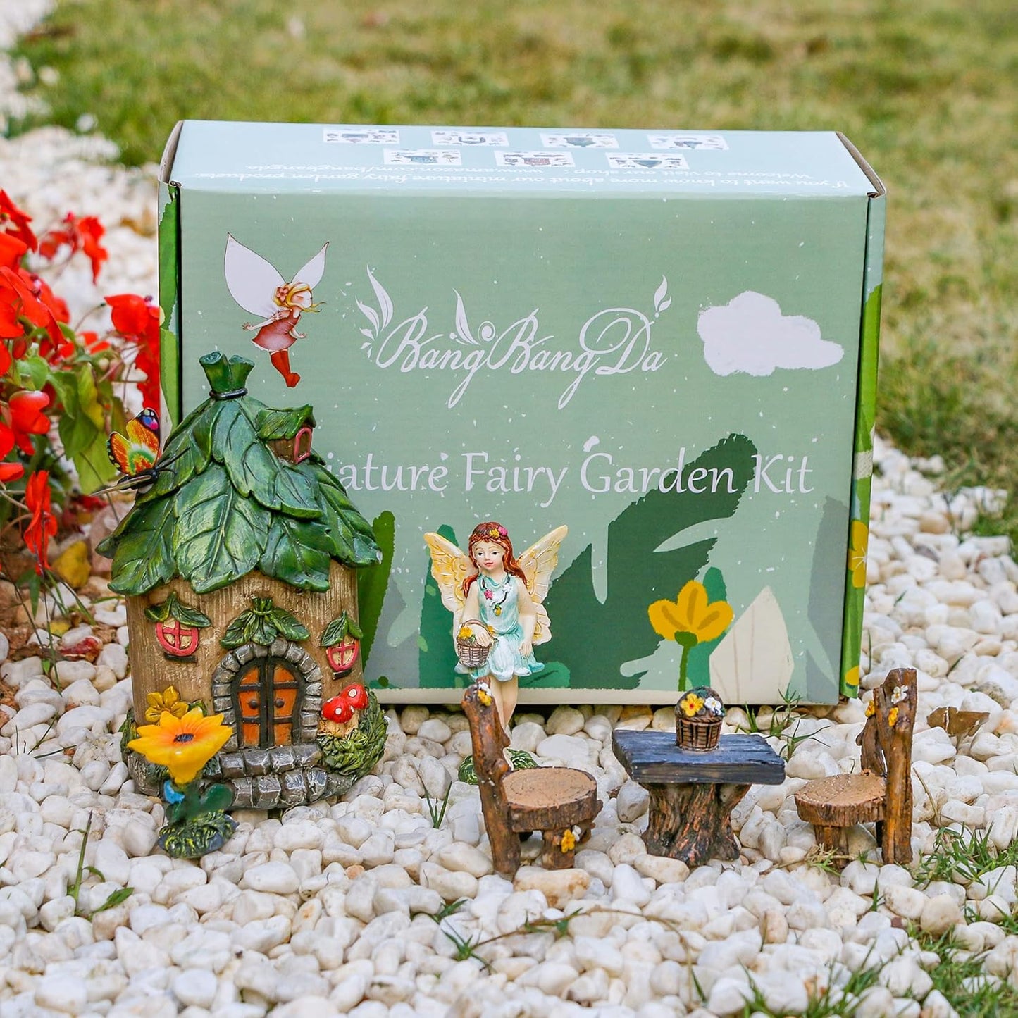 BangBangDa Miniature Fairy Garden Accessories Outdoor - Small Fairies Figurines Items Fairy House Table Chair Set Fairy Garden Fairies Kit for Kids Fairy Figures Mini Garden Ornaments